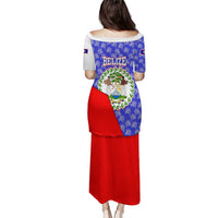 Belize Coat of Arms Puletasi with Palm Pattern and Split Red Blue Design