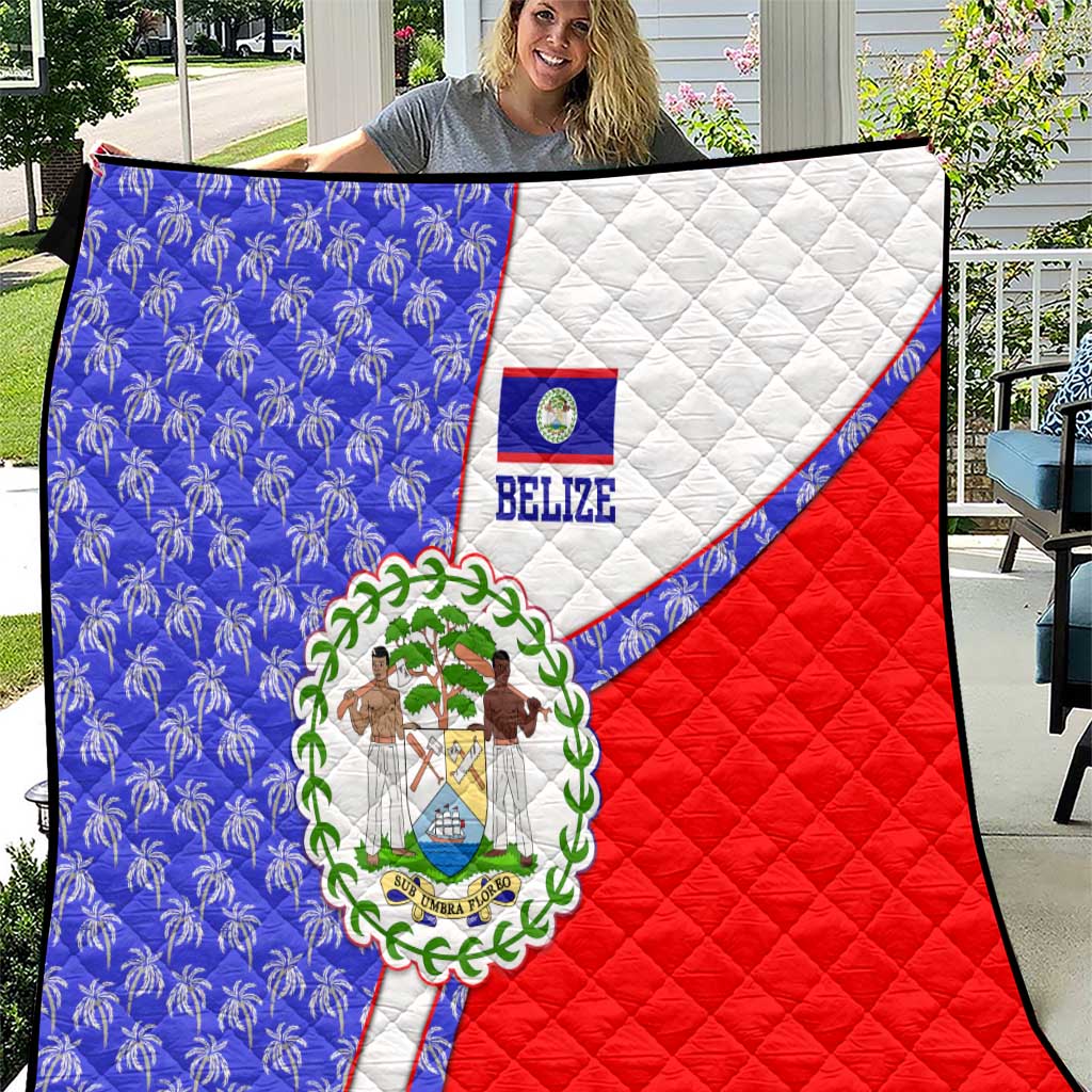 Belize Coat of Arms Quilt with Palm Pattern and Split Red Blue Design