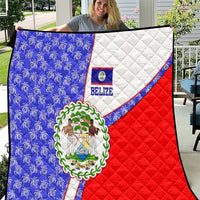 Belize Coat of Arms Quilt with Palm Pattern and Split Red Blue Design