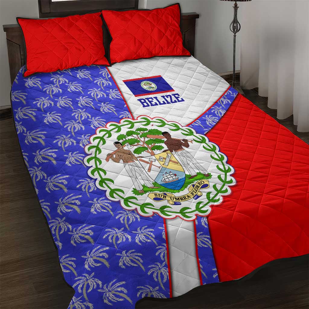 Belize Coat of Arms Quilt Bed Set with Palm Pattern and Split Red Blue Design