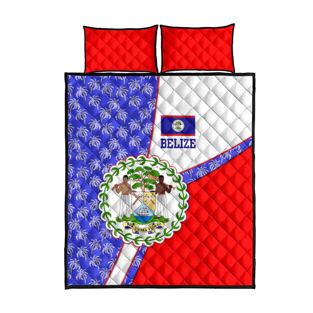 Belize Coat of Arms Quilt Bed Set with Palm Pattern and Split Red Blue Design
