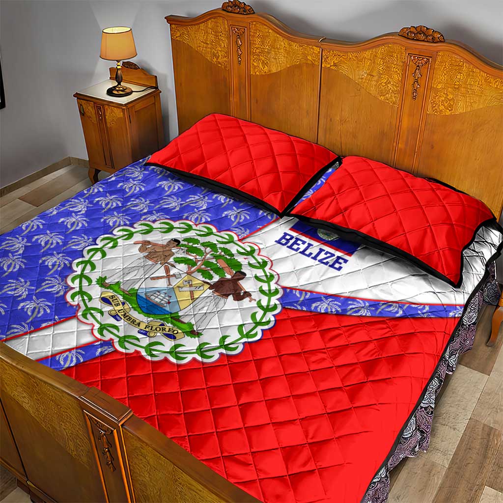 Belize Coat of Arms Quilt Bed Set with Palm Pattern and Split Red Blue Design