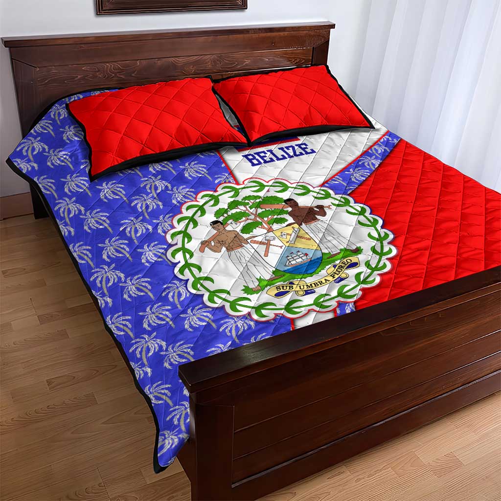 Belize Coat of Arms Quilt Bed Set with Palm Pattern and Split Red Blue Design
