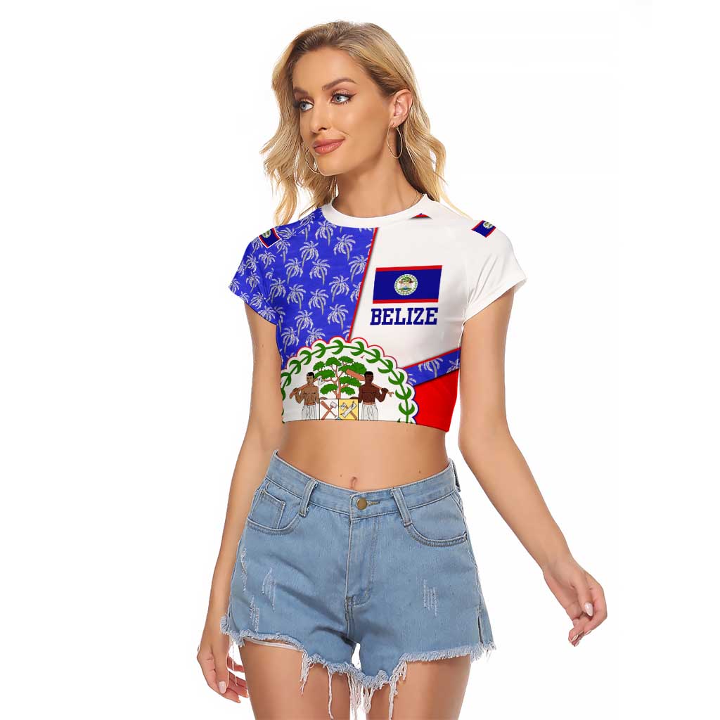 Belize Coat of Arms Raglan Cropped T Shirt with Palm Pattern and Split Red Blue Design
