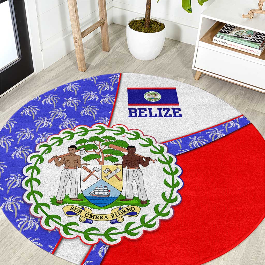 Belize Coat of Arms Round Carpet with Palm Pattern and Split Red Blue Design
