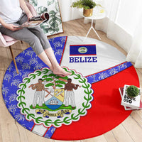 Belize Coat of Arms Round Carpet with Palm Pattern and Split Red Blue Design