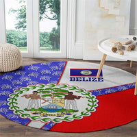 Belize Coat of Arms Round Carpet with Palm Pattern and Split Red Blue Design