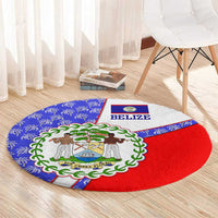 Belize Coat of Arms Round Carpet with Palm Pattern and Split Red Blue Design