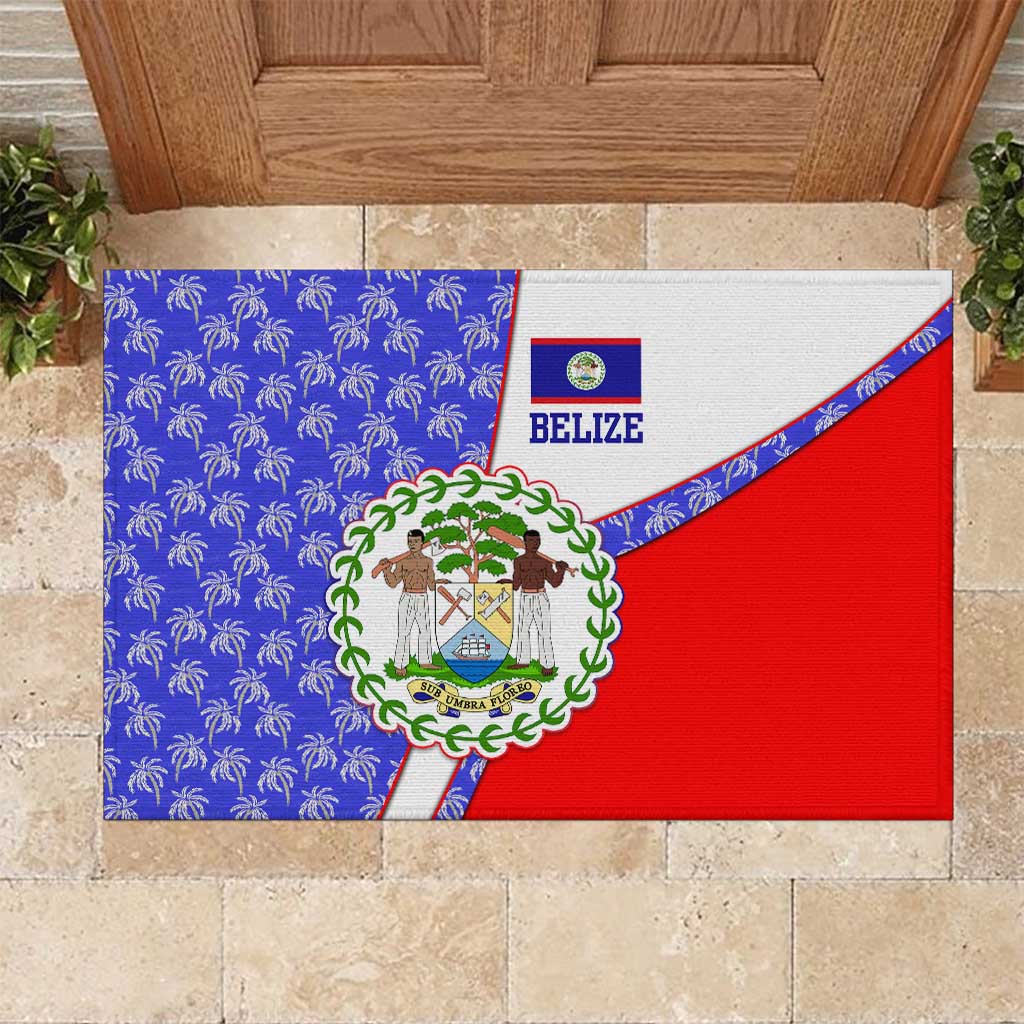 Belize Coat of Arms Rubber Doormat with Palm Pattern and Split Red Blue Design