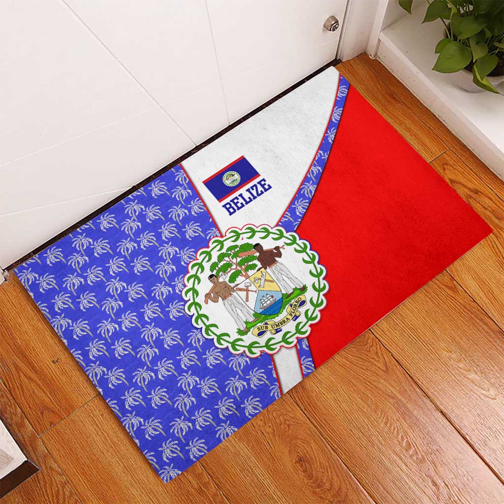 Belize Coat of Arms Rubber Doormat with Palm Pattern and Split Red Blue Design