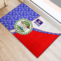 Belize Coat of Arms Rubber Doormat with Palm Pattern and Split Red Blue Design