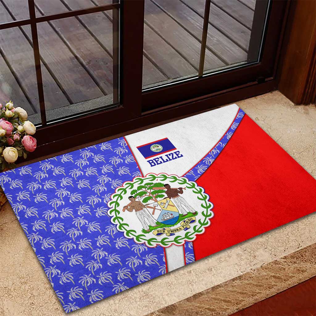 Belize Coat of Arms Rubber Doormat with Palm Pattern and Split Red Blue Design