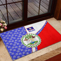 Belize Coat of Arms Rubber Doormat with Palm Pattern and Split Red Blue Design