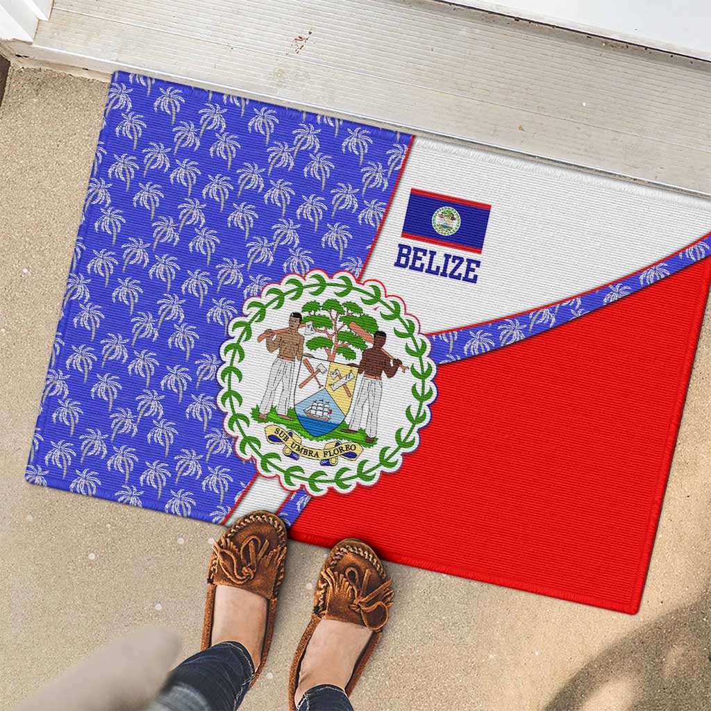 Belize Coat of Arms Rubber Doormat with Palm Pattern and Split Red Blue Design