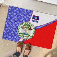 Belize Coat of Arms Rubber Doormat with Palm Pattern and Split Red Blue Design
