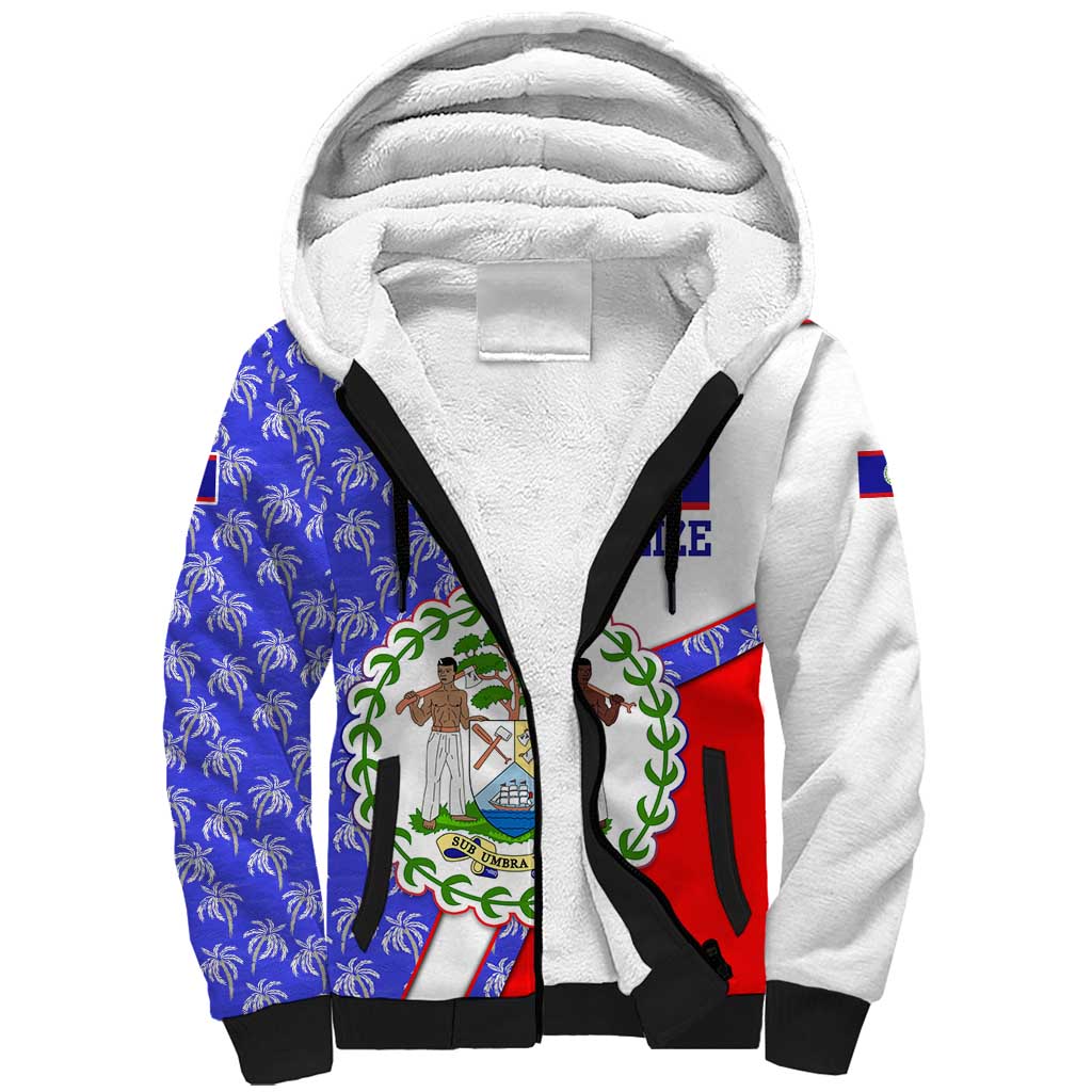 Belize Coat of Arms Sherpa Hoodie with Palm Pattern and Split Red Blue Design