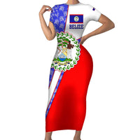 Belize Coat of Arms Short Sleeve Bodycon Dress with Palm Pattern and Split Red Blue Design