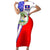 Belize Coat of Arms Short Sleeve Bodycon Dress with Palm Pattern and Split Red Blue Design