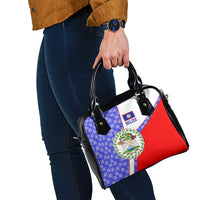 Belize Coat of Arms Shoulder Handbag with Palm Pattern and Split Red Blue Design