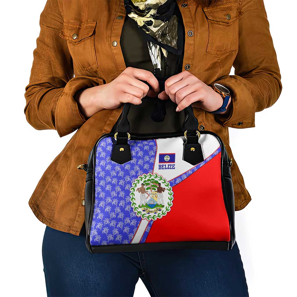 Belize Coat of Arms Shoulder Handbag with Palm Pattern and Split Red Blue Design