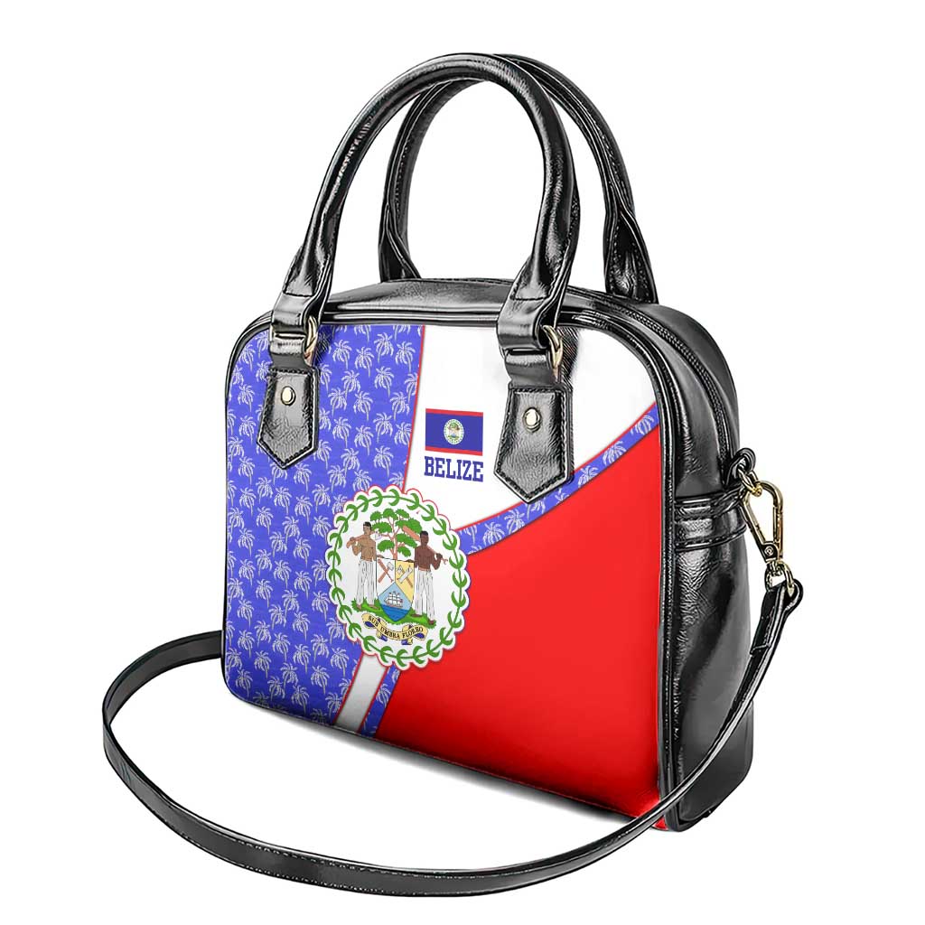 Belize Coat of Arms Shoulder Handbag with Palm Pattern and Split Red Blue Design