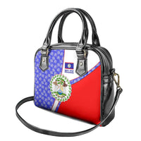 Belize Coat of Arms Shoulder Handbag with Palm Pattern and Split Red Blue Design