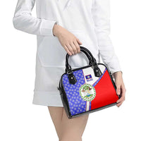 Belize Coat of Arms Shoulder Handbag with Palm Pattern and Split Red Blue Design
