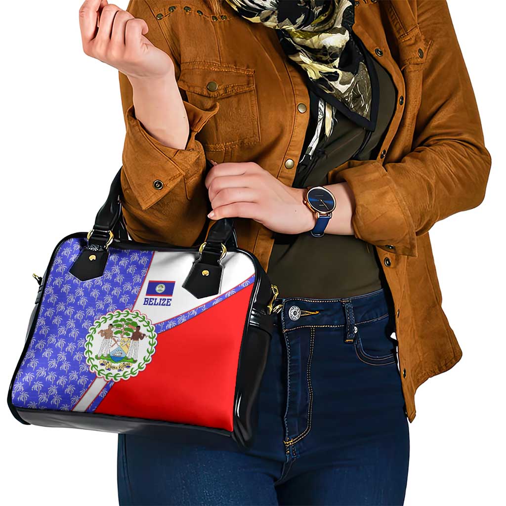 Belize Coat of Arms Shoulder Handbag with Palm Pattern and Split Red Blue Design