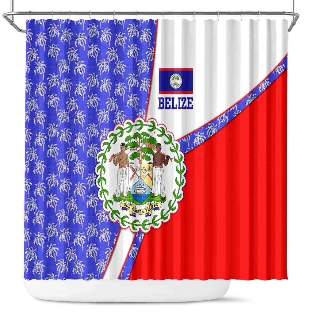Belize Coat of Arms Shower Curtain with Palm Pattern and Split Red Blue Design