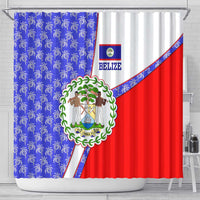 Belize Coat of Arms Shower Curtain with Palm Pattern and Split Red Blue Design