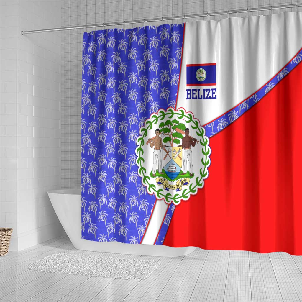 Belize Coat of Arms Shower Curtain with Palm Pattern and Split Red Blue Design