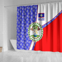 Belize Coat of Arms Shower Curtain with Palm Pattern and Split Red Blue Design