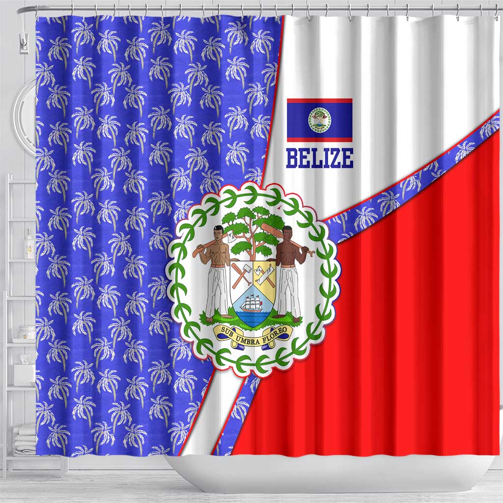 Belize Coat of Arms Shower Curtain with Palm Pattern and Split Red Blue Design