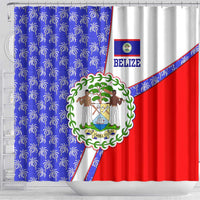 Belize Coat of Arms Shower Curtain with Palm Pattern and Split Red Blue Design