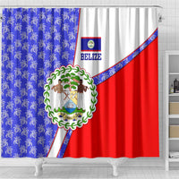 Belize Coat of Arms Shower Curtain with Palm Pattern and Split Red Blue Design