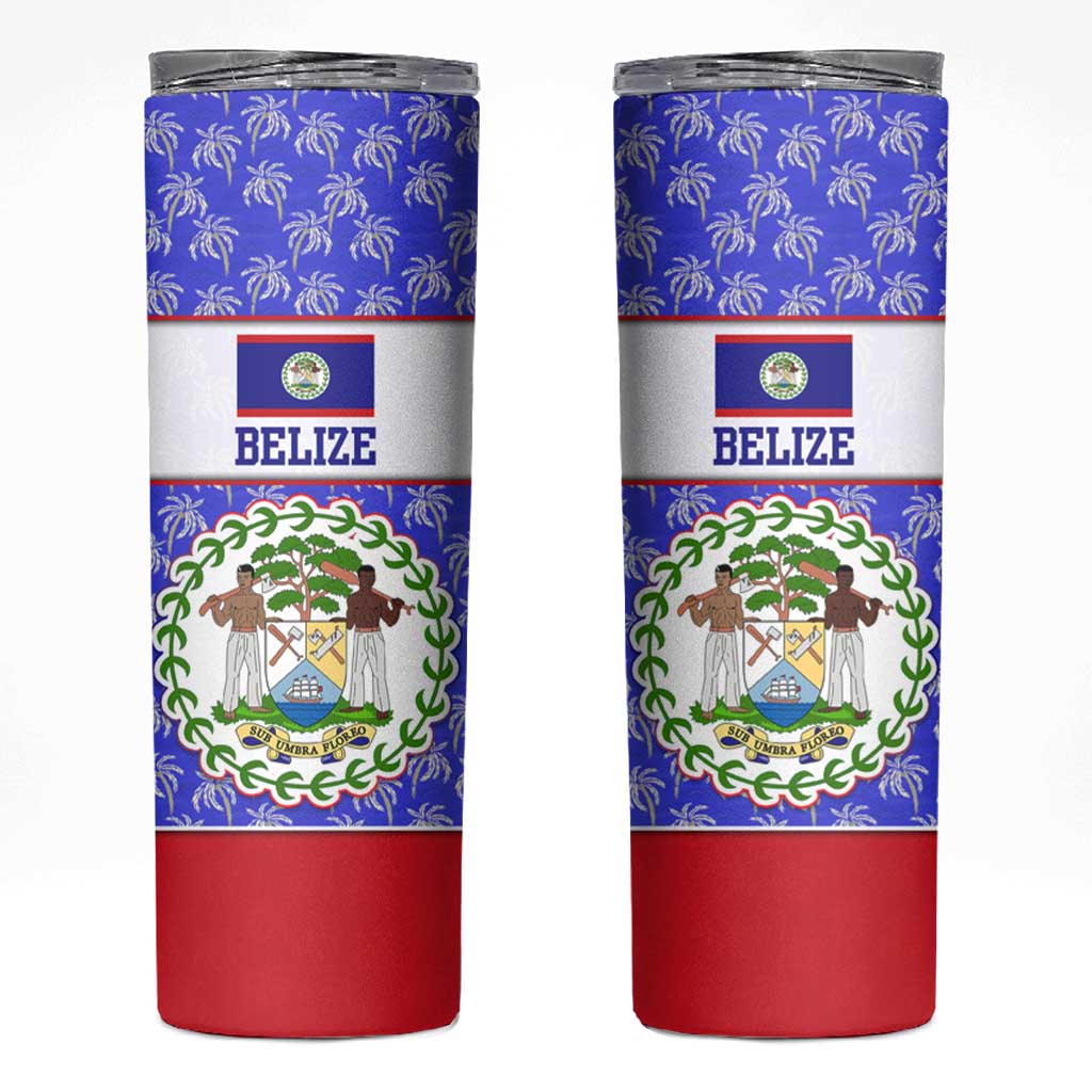 Belize Coat of Arms Skinny Tumbler with Palm Pattern and Split Red Blue Design