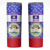 Belize Coat of Arms Skinny Tumbler with Palm Pattern and Split Red Blue Design