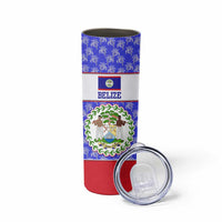 Belize Coat of Arms Skinny Tumbler with Palm Pattern and Split Red Blue Design