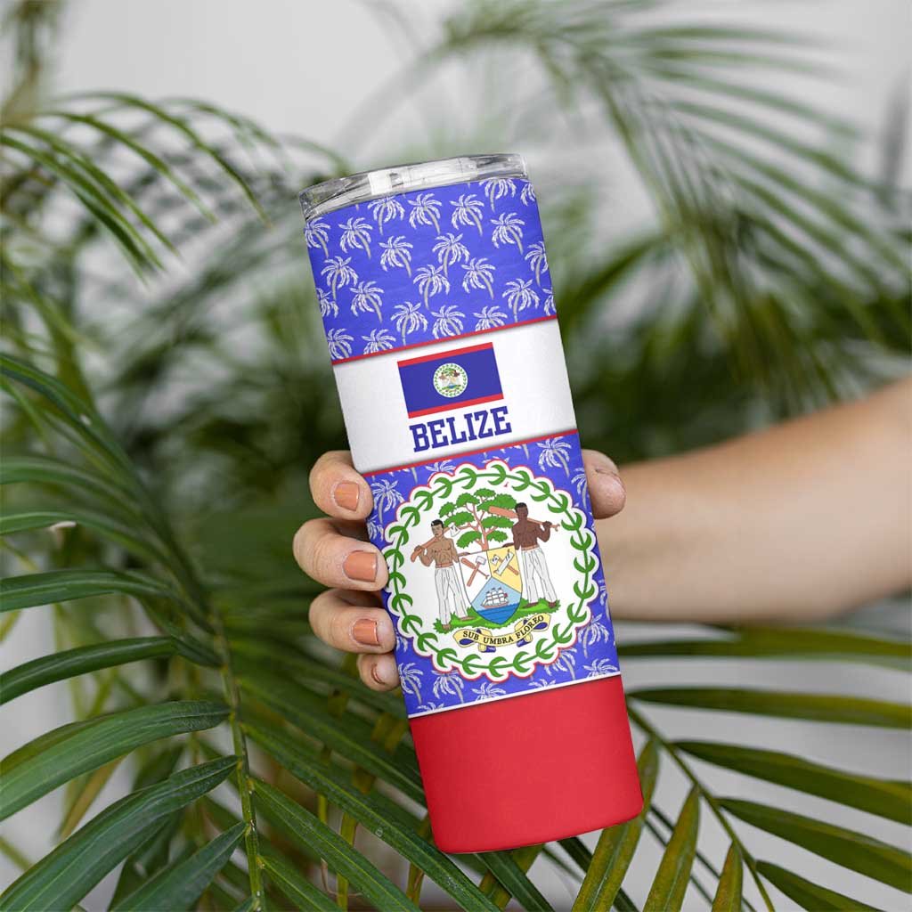 Belize Coat of Arms Skinny Tumbler with Palm Pattern and Split Red Blue Design