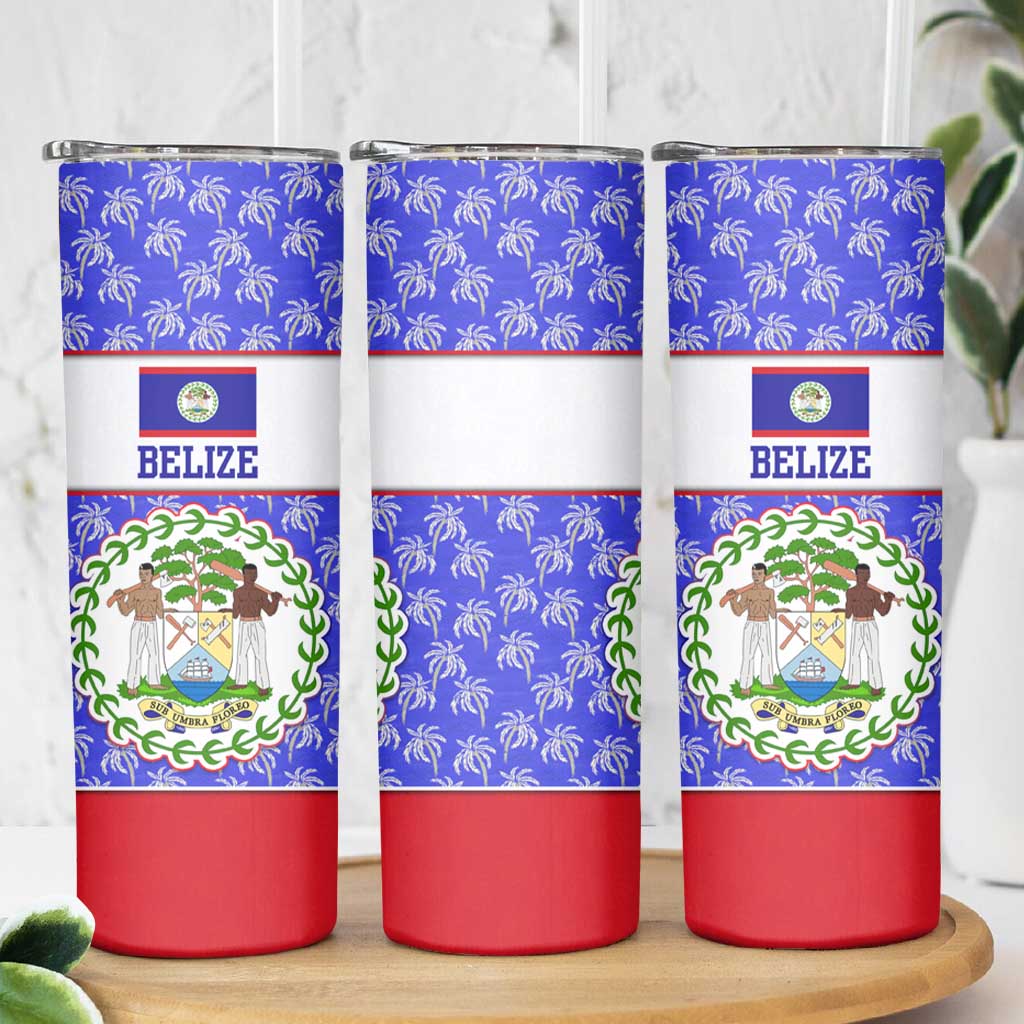 Belize Coat of Arms Skinny Tumbler with Palm Pattern and Split Red Blue Design