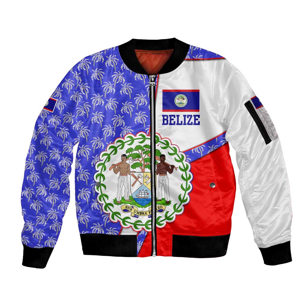 Belize Coat of Arms Sleeve Zip Bomber Jacket with Palm Pattern and Split Red Blue Design