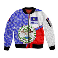 Belize Coat of Arms Sleeve Zip Bomber Jacket with Palm Pattern and Split Red Blue Design