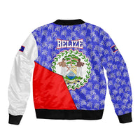 Belize Coat of Arms Sleeve Zip Bomber Jacket with Palm Pattern and Split Red Blue Design