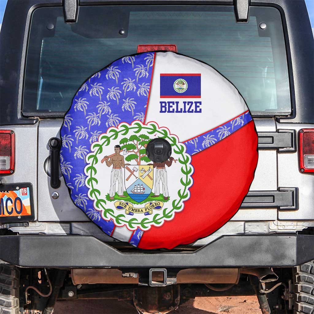 Belize Coat of Arms Spare Tire Cover with Palm Pattern and Split Red Blue Design
