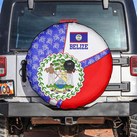 Belize Coat of Arms Spare Tire Cover with Palm Pattern and Split Red Blue Design
