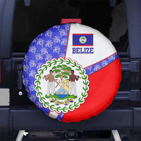 Belize Coat of Arms Spare Tire Cover with Palm Pattern and Split Red Blue Design