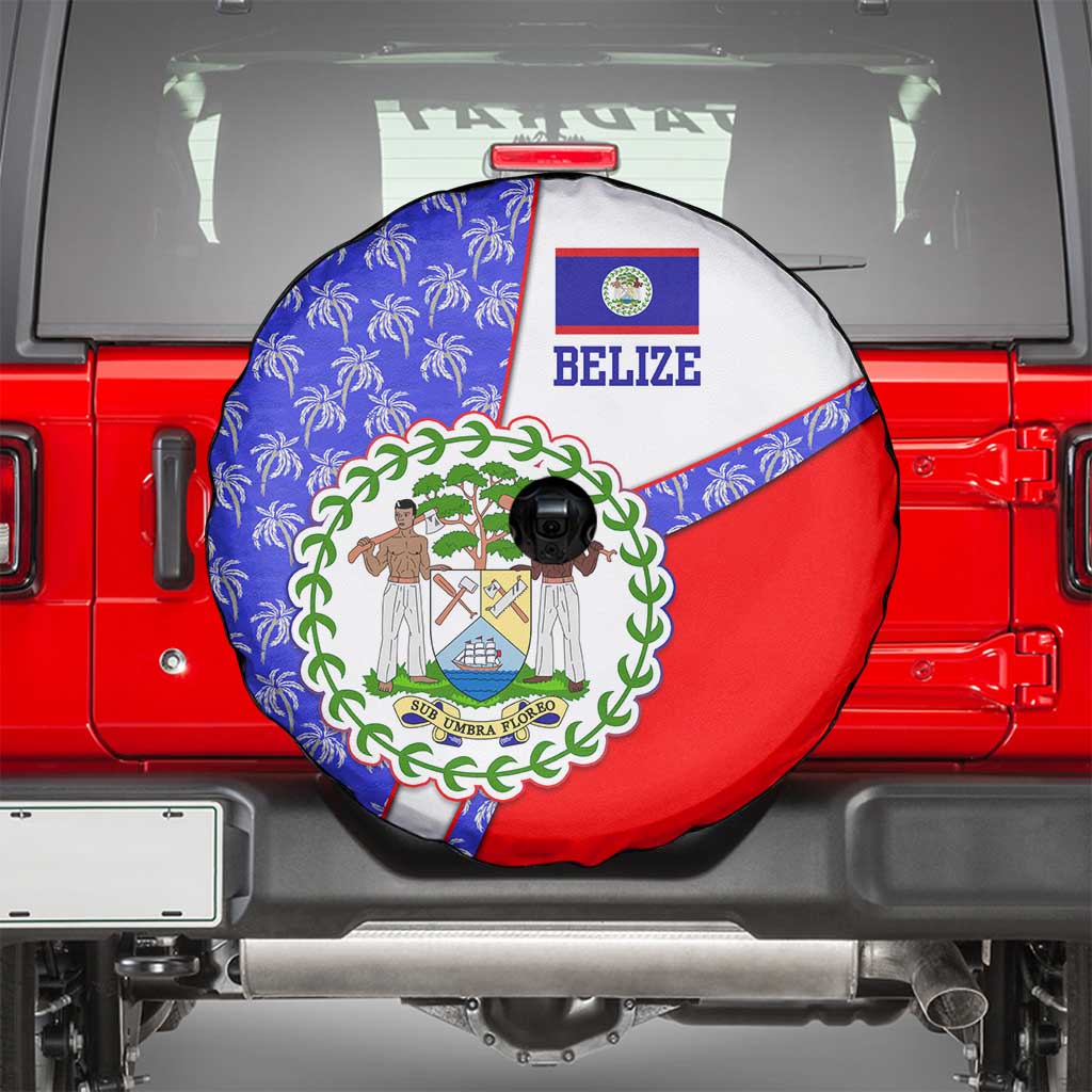 Belize Coat of Arms Spare Tire Cover with Palm Pattern and Split Red Blue Design