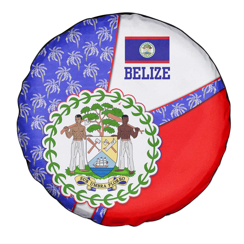 Belize Coat of Arms Spare Tire Cover with Palm Pattern and Split Red Blue Design
