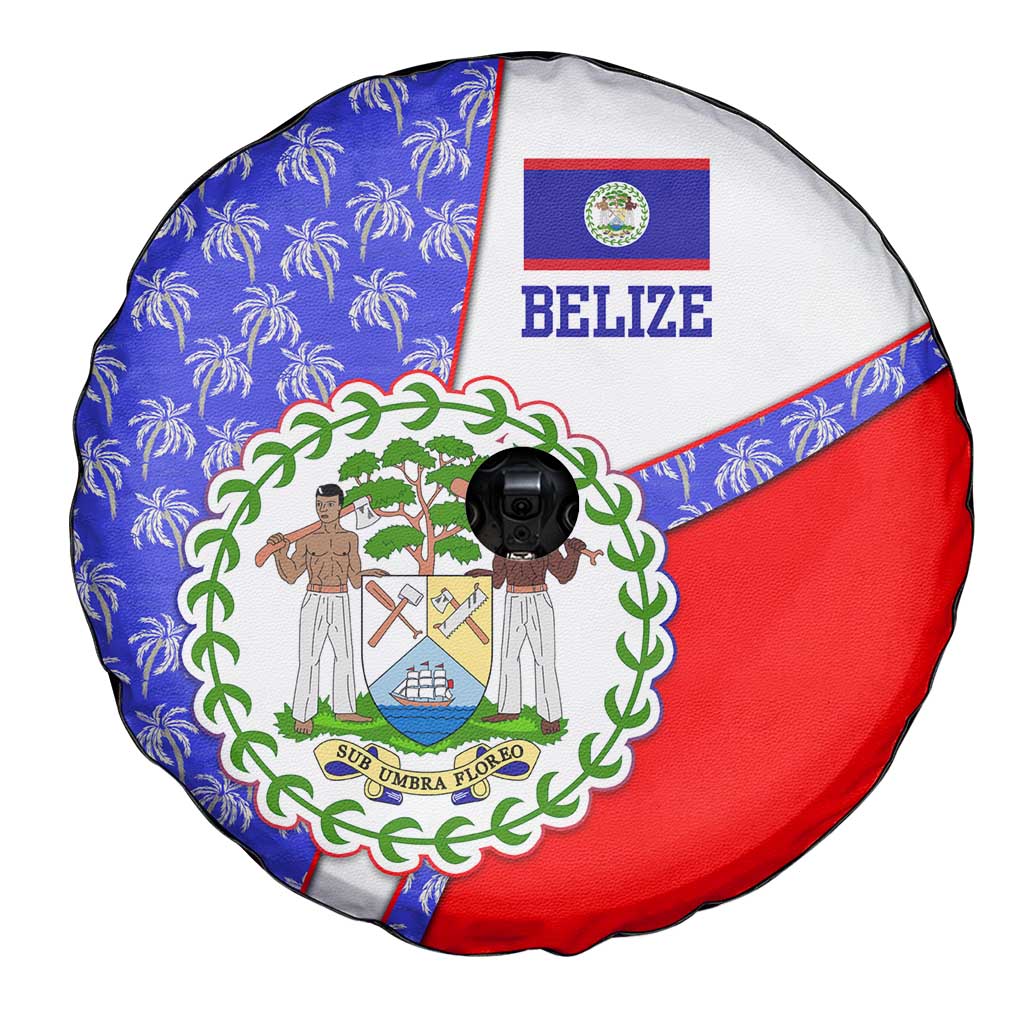 Belize Coat of Arms Spare Tire Cover with Palm Pattern and Split Red Blue Design