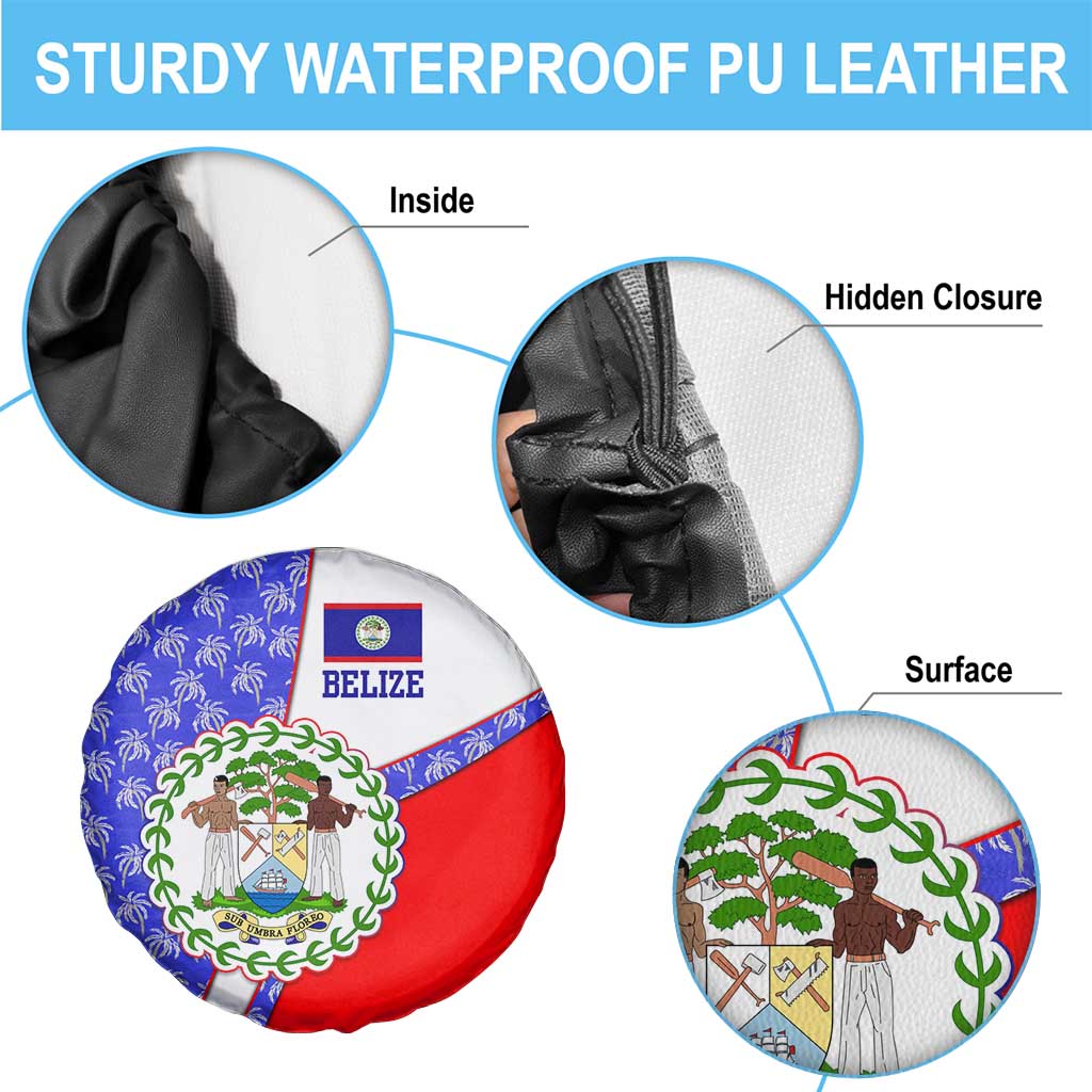 Belize Coat of Arms Spare Tire Cover with Palm Pattern and Split Red Blue Design